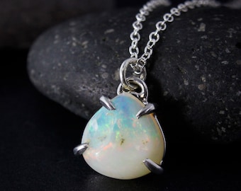 Silver Australian Raw Opal Necklace, Opalite Teardrop Pendant, October Birthdays, White Opal Gemstone