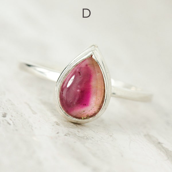 Dainty Watermelon Tourmaline Ring: Pear Cut Sterling Silver Solitaire