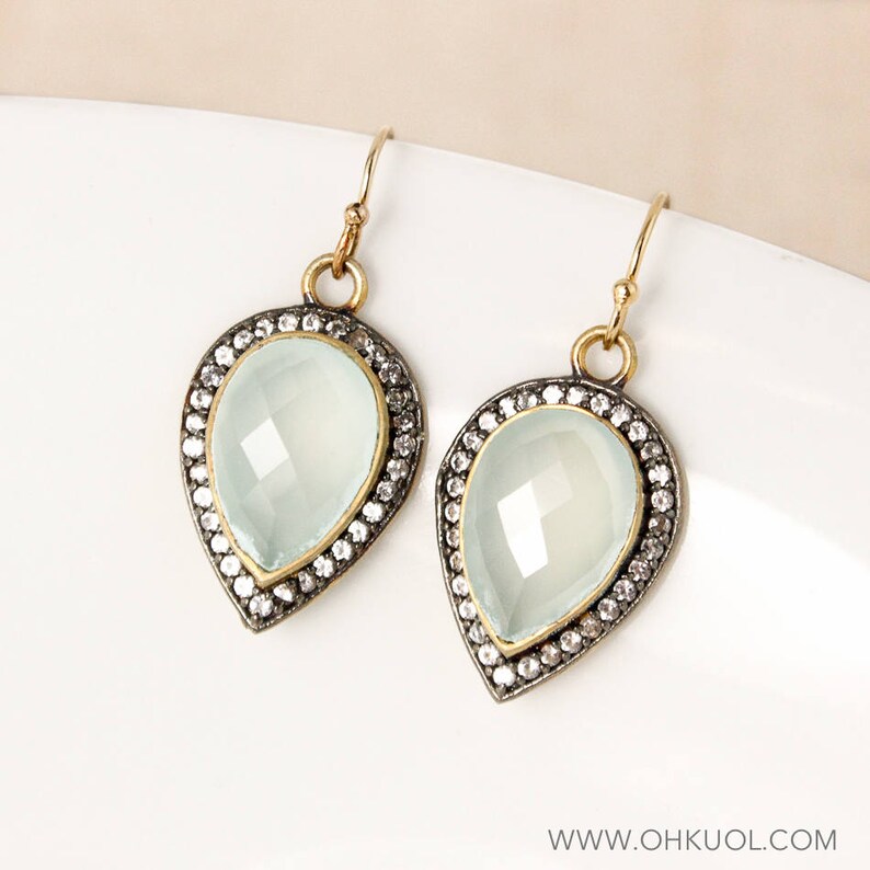 Micro-Pave White Topaz 14Kt Gold Filled Gold Aqua Chalcedony Teardrop Earrings Reverse Teardrop Earrings