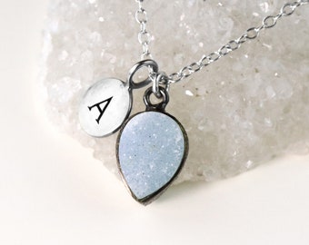 Silver Light Blue Druzy Teardrop Pendant, Grey White Druzy Personalized Pendant, Monogram Pendants for Her