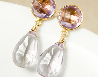 Pink Amethyst Quartz & Pink Amethyst Teardrop Earrings, Pink Stone Earrings, Multi Stone Earrings