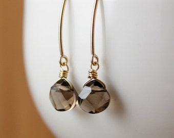 Gold Dangle Smoky Quartz Earrings, Smoky Quartz Dangle Earrings, Gifts for Mom, Simple Hook Earrings, Raw Smoky Quartz Jewelry