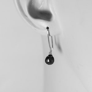 Pode incluir: Um par de brincos de prata com uma gota de pedra preciosa preta.
