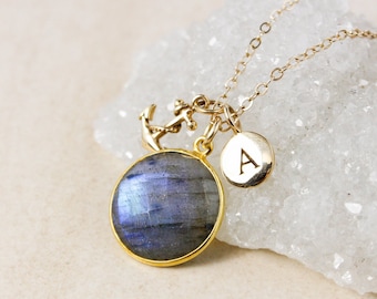 Blue Labradorite Charm with Hand Stamped Initial Necklace, 14KT Gold Filled Chain