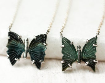 Silver Teal Tourmaline Butterfly Pendant, Indicolite Tourmaline, Calming Bicolor Tourmaline Necklace, Gift for Daughter