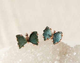 Rose Gold Teal Tourmaline Butterfly Stud Earrings, Blue Chakra Crystal Studs, Healing Throat Chakra, Gift for Wife, Dainty Tourmaline Studs