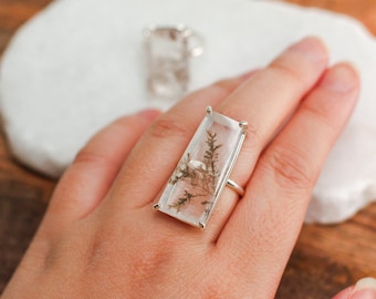 Silver Dendrite Ring, Large Dendritic Quartz Ring, Wealth Crystal Ring, Positive Energy Crystal Ring, Calming Crystal, Gift For Mom