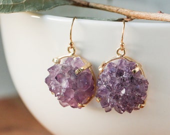 Amethyst Rose Cluster Earrings: Gold Plated Brass, 14K Gold Fill Hooks