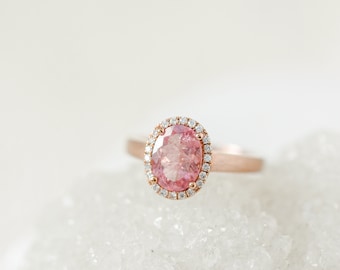 Rose Gold Oval Pink Tourmaline Engagement Ring, Diamond Halo Ring, Healing Heart Chakra Ring, Alternative Bridal Ring, Low Profile Ring