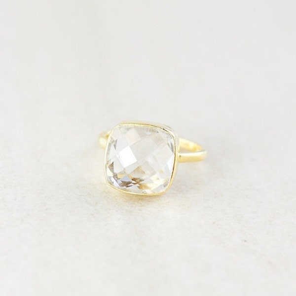 Crystal Quartz Ring - Cushion Cut - Gold Plated Sterling Silver