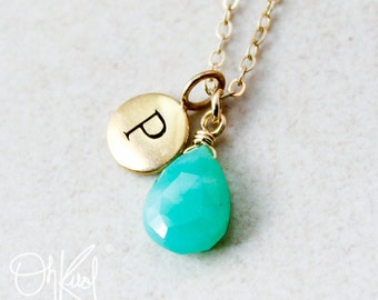 Gold Green Chrysoprase Necklace - Initial Necklace - 14K GF