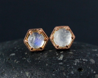 Rose Gold Hexagon Studs, Round Rainbow Moonstone Stud Earrings, Custom June Birthstone Studs