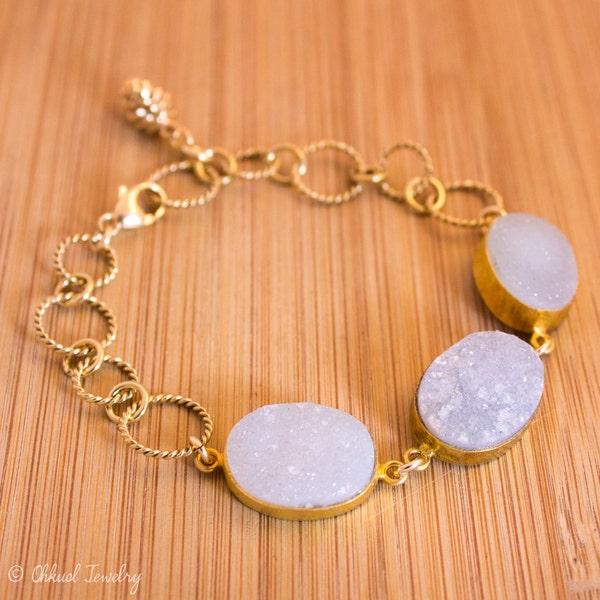 Natural White Druzy Bracelet - Sparkly Geodes - Pinecone Charm