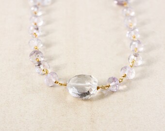 Pink Amethyst Beaded Necklace: 14K Gold Filled, Raw Stone