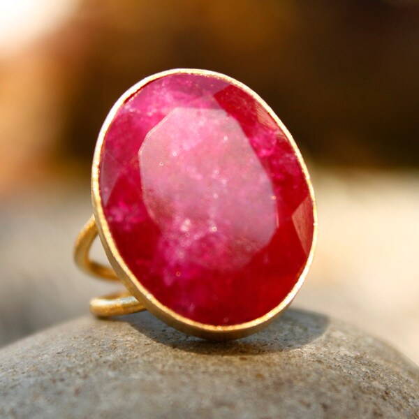 Gold Ruby Ring - Red Ruby - Adjustable Ring, Cranberry, Statement Ring