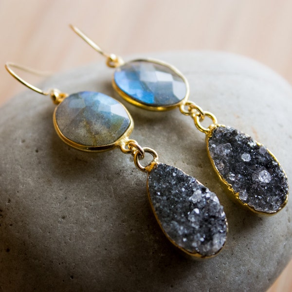 Black Druzy and Blue Labradorite Earrings - Gemstone Earrings - 14K Gold Fill