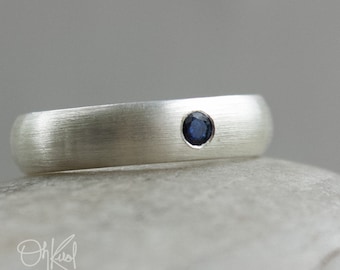 Sterling Silver Sapphire Ring for Men: Brushed Band, Custom Engraving