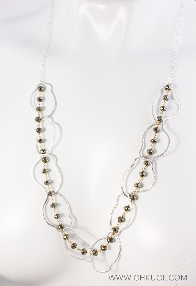 Long Necklace Free Form Hoops Silver Black Pyrite Statement Necklace