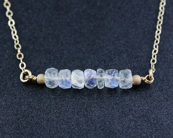 Gold Rainbow Moonstone Bar Necklace, 14K GF, June Birthstone