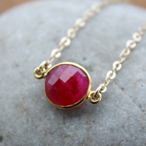 Gold Ruby Quartz Bezel Necklace, Mini Gemstone, Ruby Quartz Jewelry, July Ruby