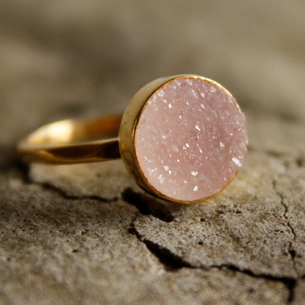 Rosy Pink Agate Druzy Ring - Apricot, Peach - Soft Pink, Romantic, Mothers Day Gift, AAA Quality