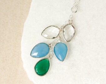 Silver Crystal Quartz, Blue Chalcedony, and Green Onyx Waterfall Necklace, 925 Silver