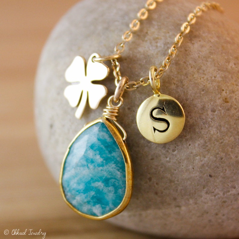 Blue Amazonite Necklace, Amazonite Teardrop, Lucky Clover Necklace, Hand Stamped Initial, image 3