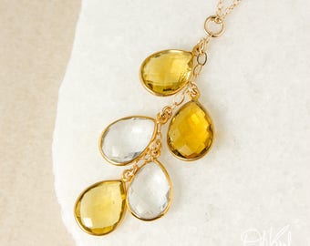 Gold Crystal Quartz and Citrine Quartz Necklace Waterfall Necklace, Gold Citrine Birthstone, Honey Drops