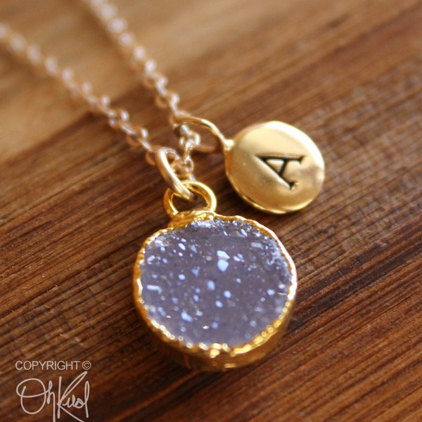 Gold Light Purple Druzy and Hand Stamped Initial Charm Necklace - Personalized Necklace - Mauve