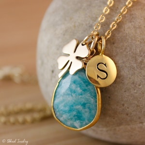 Blue Amazonite Necklace, Amazonite Teardrop, Lucky Clover Necklace, Hand Stamped Initial, image 1