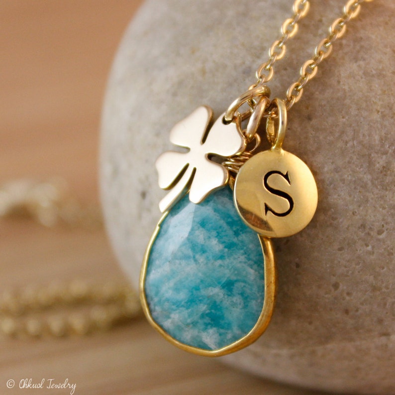 Blue Amazonite Necklace, Amazonite Teardrop, Lucky Clover Necklace, Hand Stamped Initial, image 1