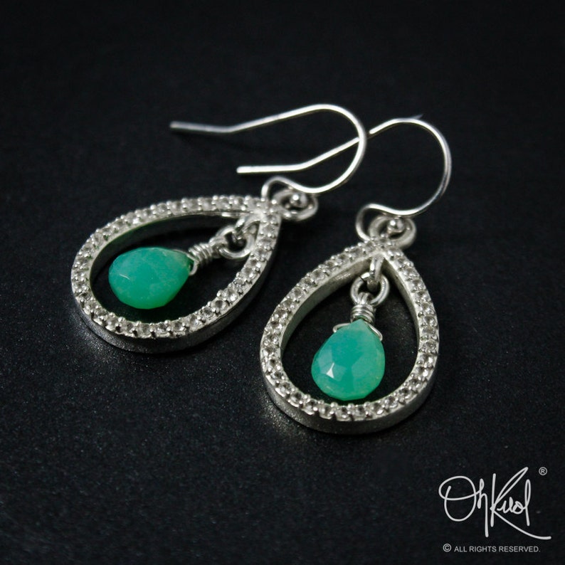 925 Silver Silver Mint Green Chrysoprase /& Pave White Topaz Teardrop Earrings