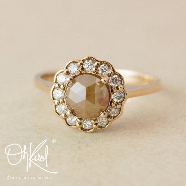 Flower Halo Diamond Ring - Vintage Inspired Engagement Ring - Rose Cut Champagne Diamond