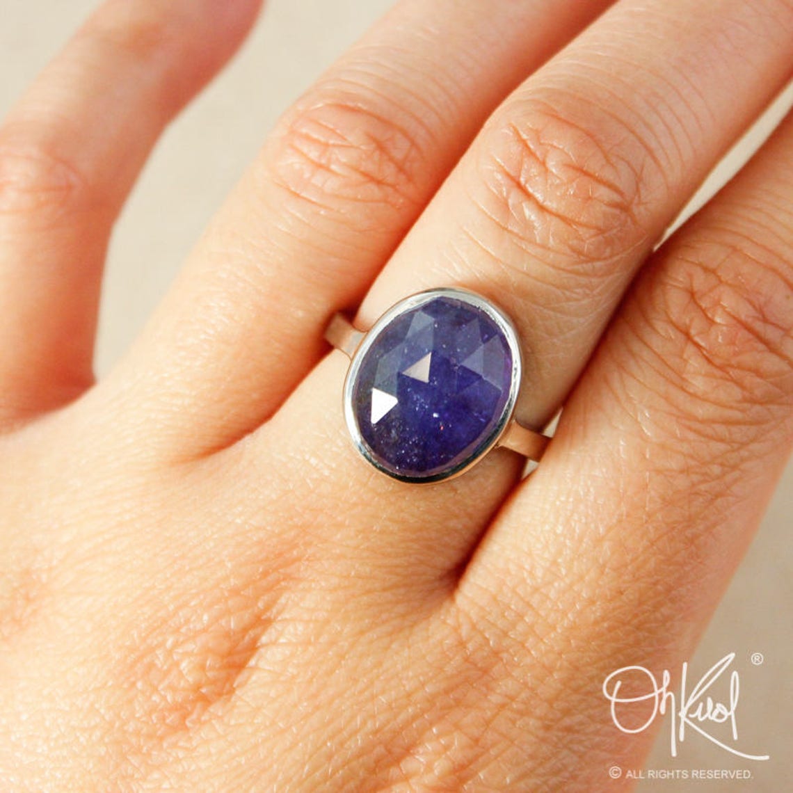 55Carat Genuine Sterling Silver Oval Blue Iolite Statement Ring - Handcrafted Indian Jewelry (Sizes 4-12)