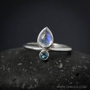 Teardrop Rainbow Moonstone & Birthstone Ring, Choose Your Stone , Custom Dual Birthstone Ring