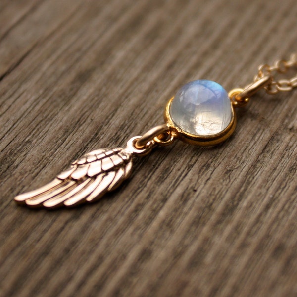 June Rainbow Moonstone Necklace with Wing Charm, 14KT Gold Fill, Brass, Soaring Angel