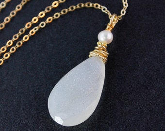 Freshwater Pearl White Teardrop Druzy Necklace, Opal Bead Pendant, Wire Wrapped Druzy, 14K Gold Fill