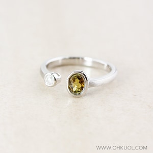 Yellow Green Tourmaline and Diamond Dual Stone Ring, Oval Cut, Sterling Silver Setting