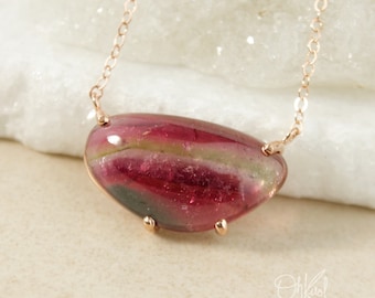 Tri-Color Tourmaline Pendant: Sterling Silver, Pink Green Teal Gemstone