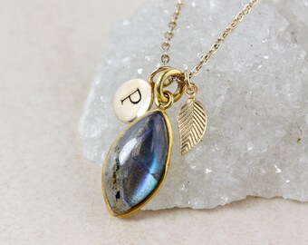 Blue Labradorite Teardrop Necklace, Choose Your Stone, Hand Stamped Initial