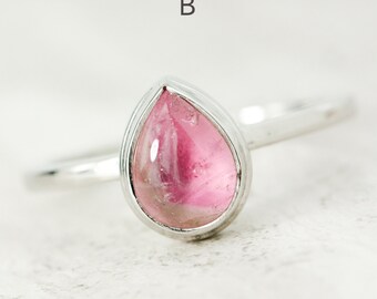 Dainty Watermelon Tourmaline Ring: Pear Cut Sterling Silver October Birthstone