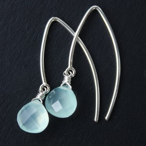 Simple Dainty Aqua Chalcedony Pear Cut Earrings, Silver Filled Blue Bridesmaid Earrings