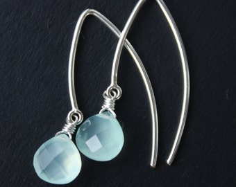 Simple Dainty Aqua Chalcedony Pear Cut Earrings, Silver Filled Blue Bridesmaid Earrings