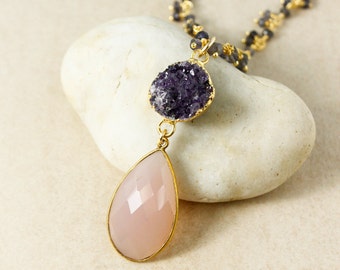 Gold Purple Druzy & Pink Chalcedony Teardrop Necklace, Blue Iolite Cluster Chain, Statement Necklace