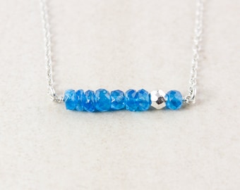 Electric Blue Natural Apatite Necklace, Silver Pyrite Beads, Blue Beaded Bar Necklace