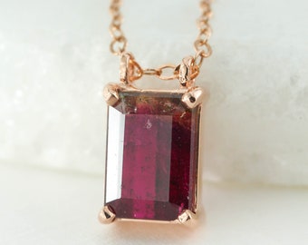 Rose Gold Tourmaline Heart Chakra Pendant: Emerald Cut Sterling Silver