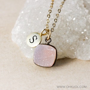 50% OFF SALE - Pink Cushion Druzy Initial Necklace, Choose Your Charm