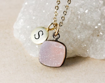 50% OFF SALE - Pink Cushion Druzy Initial Necklace, Choose Your Charm