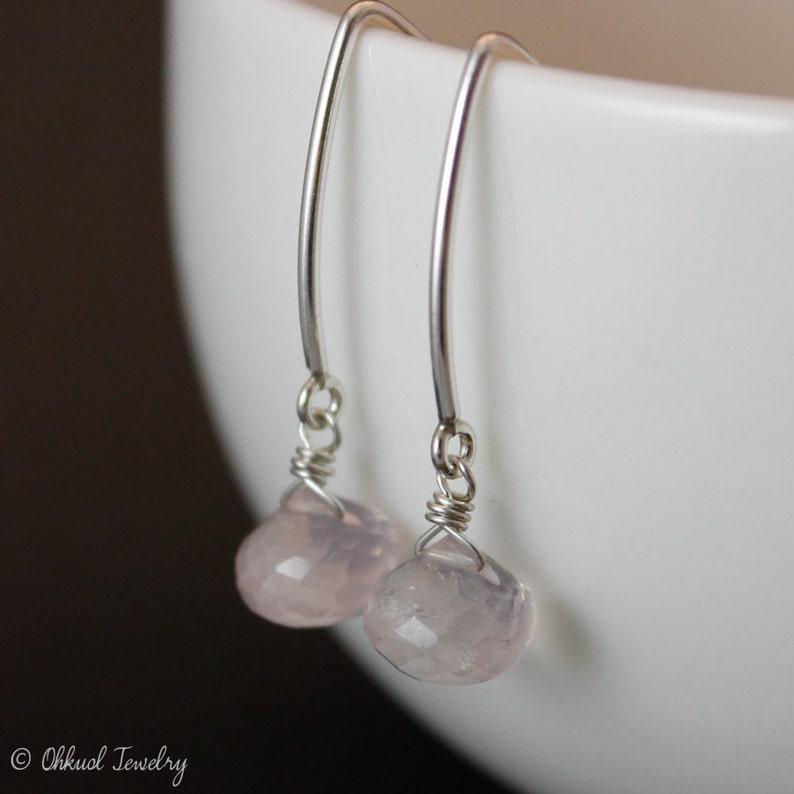 Pink Dainty Rose Quartz Dangle Earrings, Pink Stone Earrings, Healing Rose Quartz, 14KT Gold Filled Hooks image 4