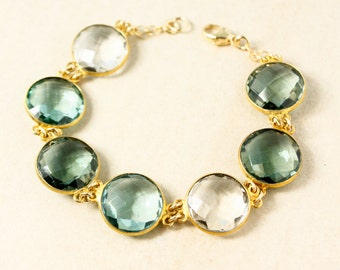 Crystal and Aqua Quartz Bracelet: Gold Plated Brass, 7.5 Inch